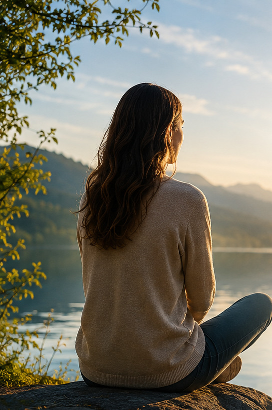 Mujer contemplando un lago al amanecer, en un momento de calma y reflexión